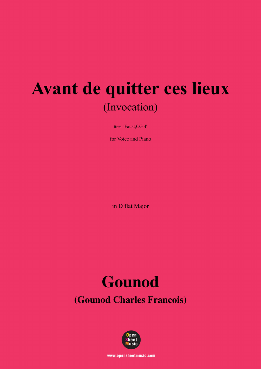 Gounod-Avant de quitter ces lieux(Invocation),in D flat Major,from 'Faust,CG 4',for Voice and Piano Piano, Vocal scores gallery preview page 1