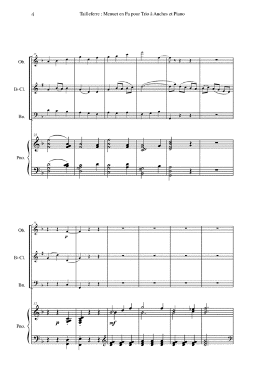 Germaine Tailleferre: Menuet en Fa for oboe, Bb clarinet, bassoon and piano Small Ensemble scores gallery preview page 4