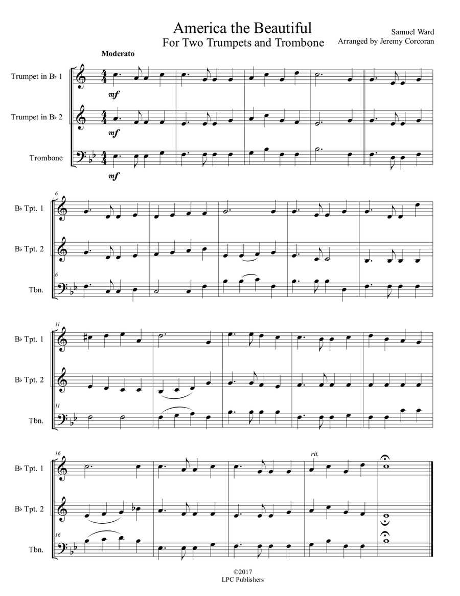 America the Beautiful For Two Trumpets and Trombone/Euphonium America the Beautiful For Two Trumpets and Trombone/Euphonium Brass Ensemble scores gallery preview page 1