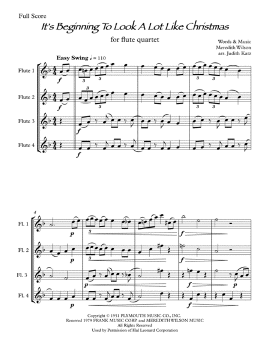 It's Beginning To Look Like Christmas Flute Quartet scores gallery preview page 1