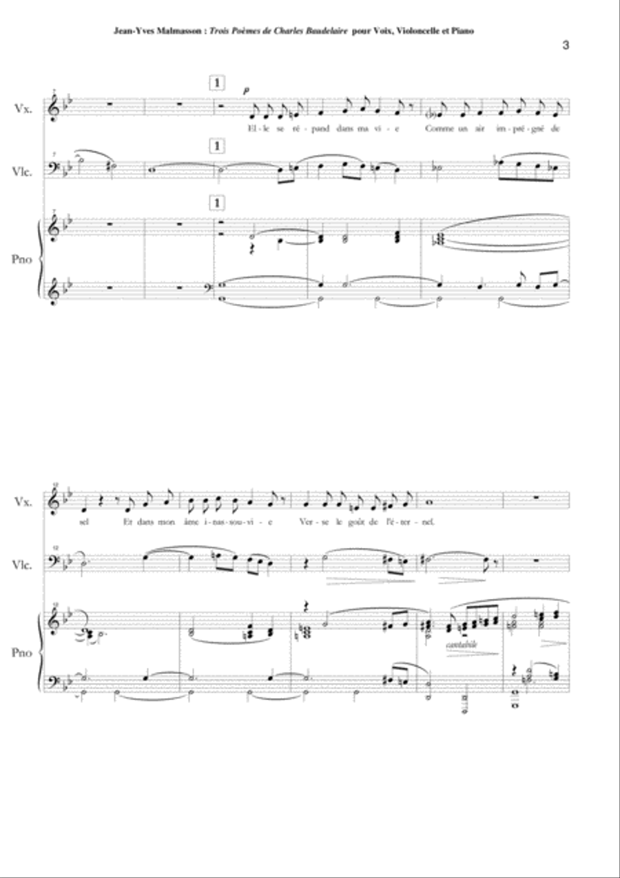 Jean-Yves Malmasson: Trois Poèmes de Charles Baudelaire for medium voice, violoncello and piano Small Ensemble scores gallery preview page 3