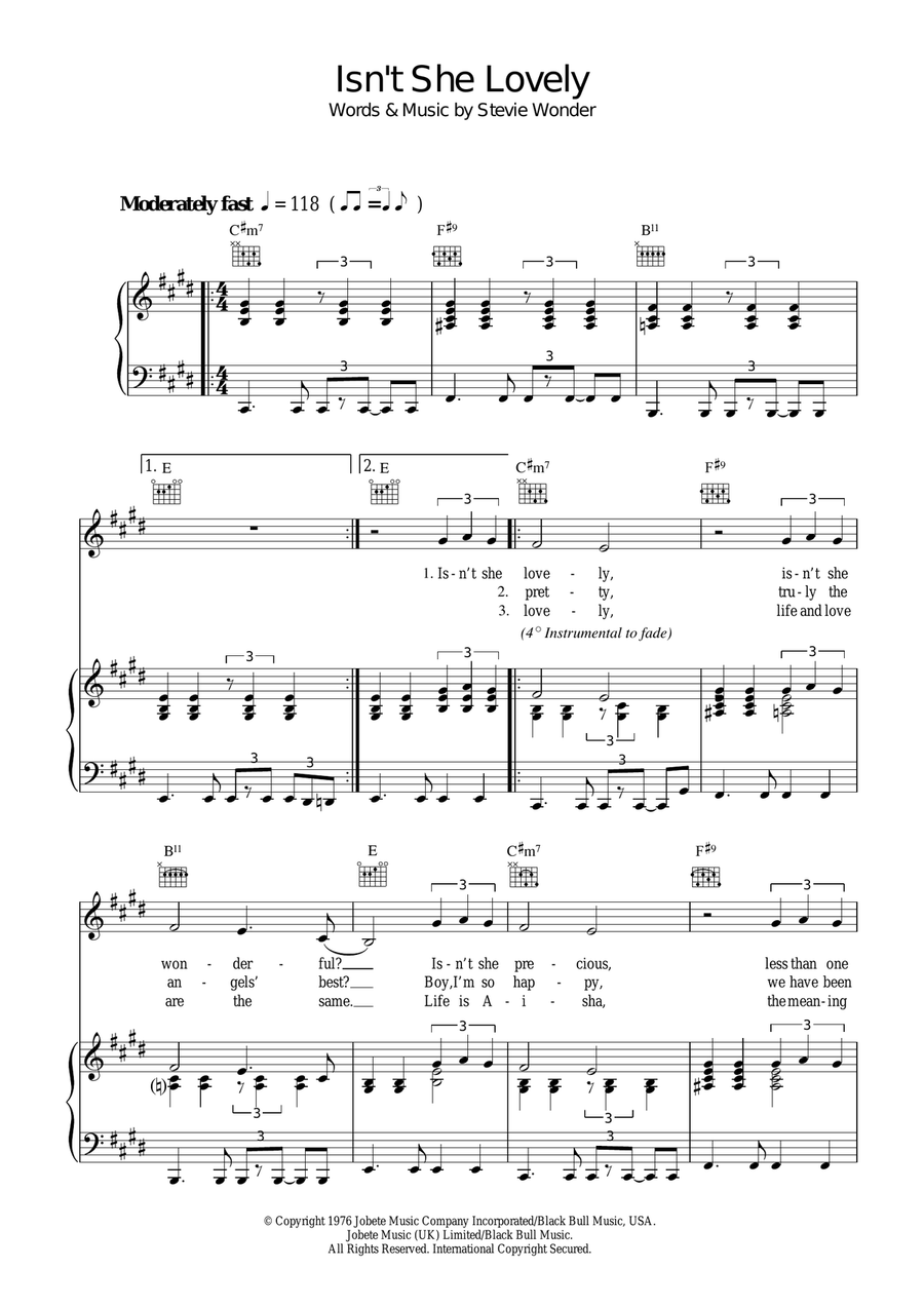 Isn't She Lovely Piano, Vocal, Guitar scores gallery preview page 1