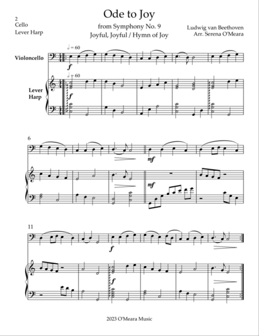 Ode to Joy, Duet for Cello & Lever Harp String Duet scores gallery preview page 2