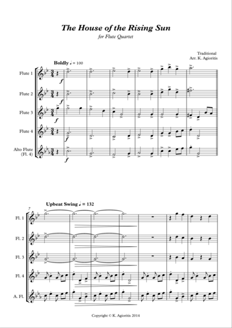 The House of the Rising Sun - for Flute Quartet Flute Quartet scores gallery preview page 1