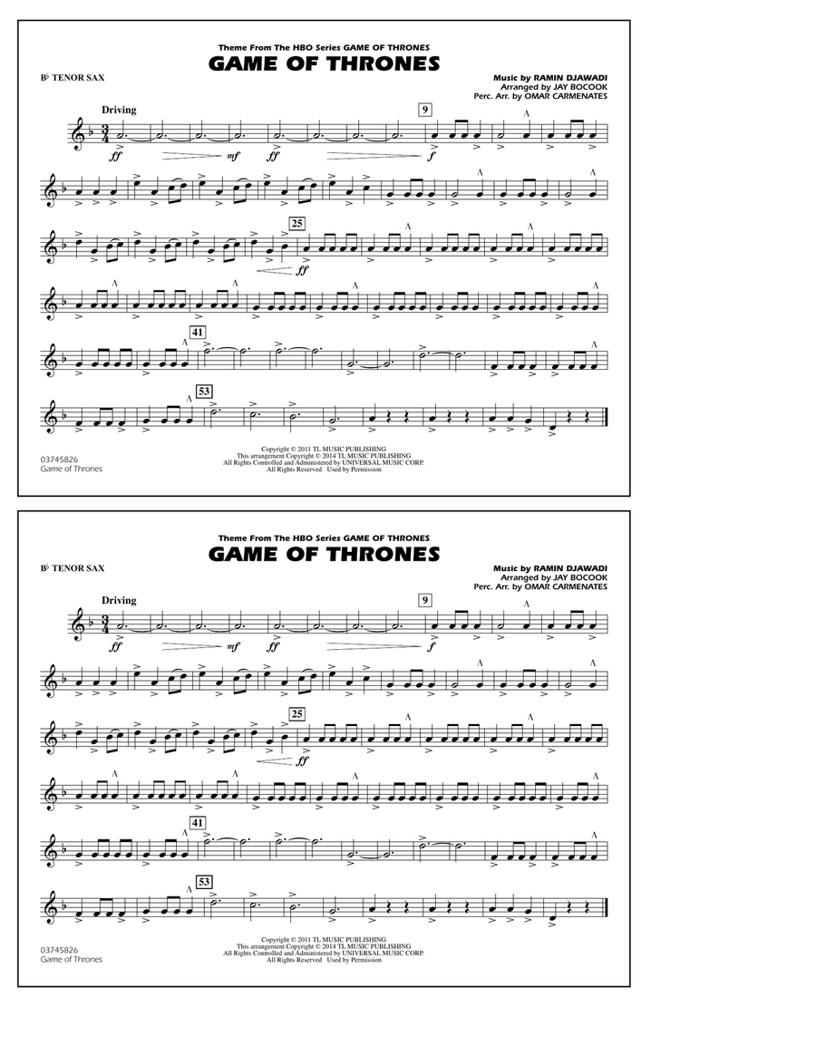Game of Thrones (arr. Jay Bocook) - Bb Tenor Sax Marching Band scores gallery preview page 1