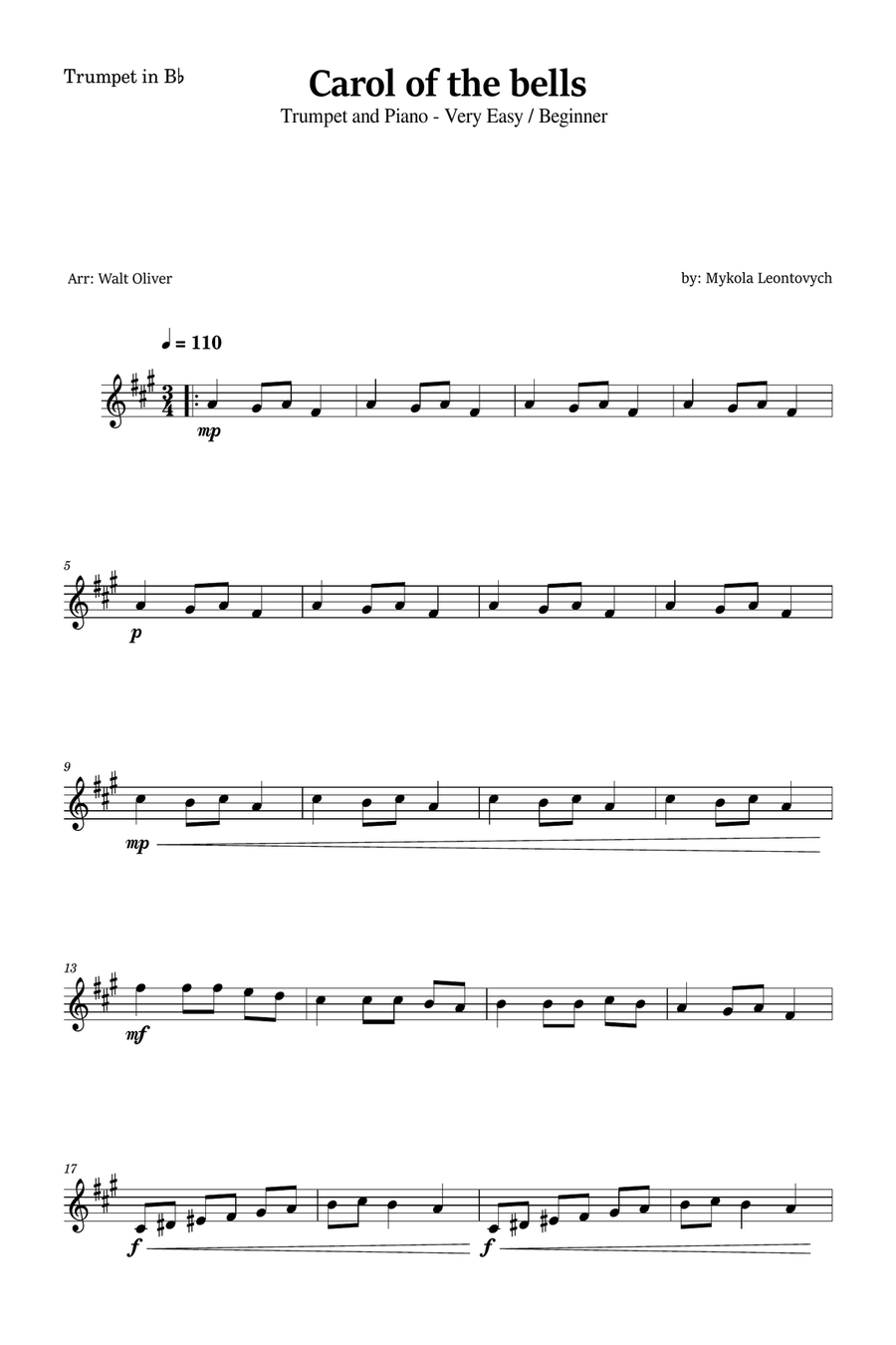 Carol of the Bells for Trumpet in Bb and Piano (Very Easy - Beginner) in E minor - With Chords B-Flat Trumpet scores gallery preview page 4