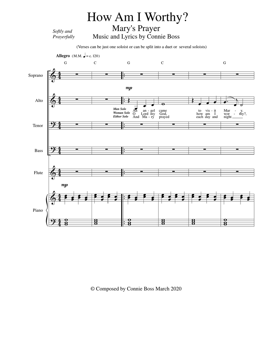 How Am I Worthy (Mary's Prayer) - SATB, optional instrument and piano 4-Part scores gallery preview page 1