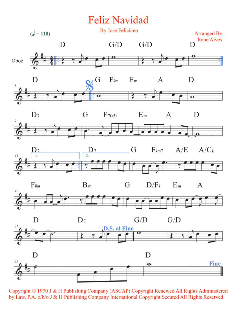 Feliz Navidad Oboe Solo scores gallery preview page 1