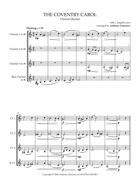 THE COVENTRY CAROL (Clarinet Quartet) image number null