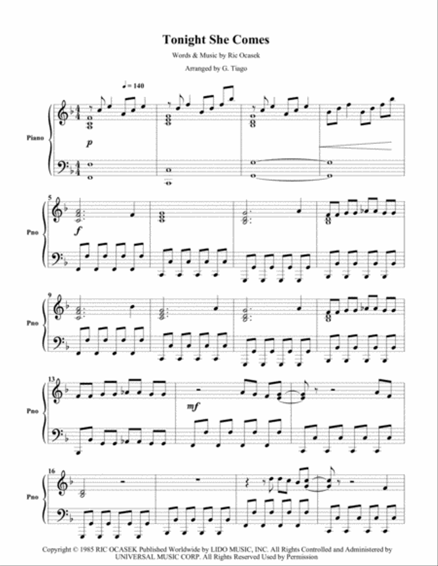 Tonight She Comes Piano Solo scores gallery preview page 1