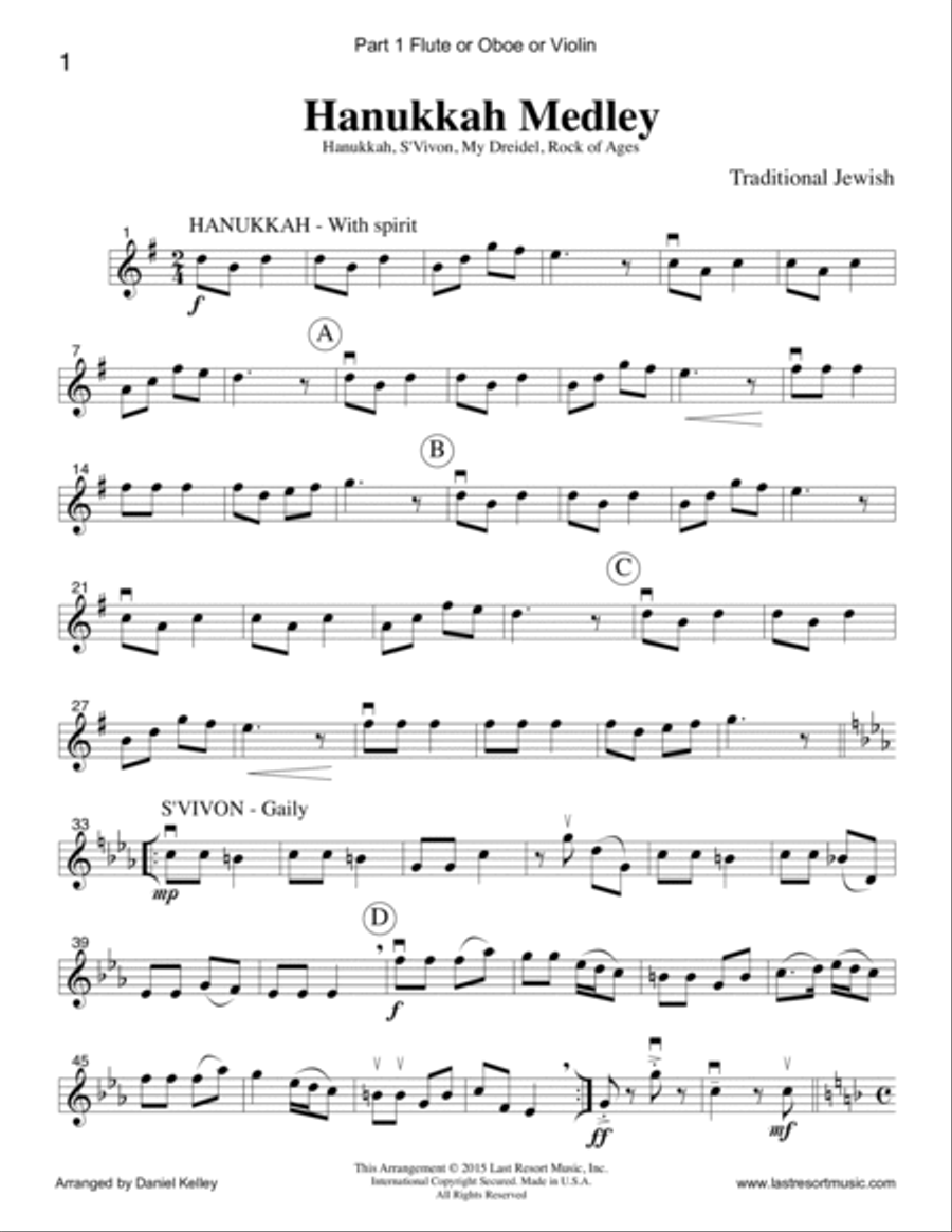 Hanukkah Medley for Woodwind Trio (Flute or Oboe, Clarinet & Bassoon) Set of 3 Parts Small Ensemble scores gallery preview page 2