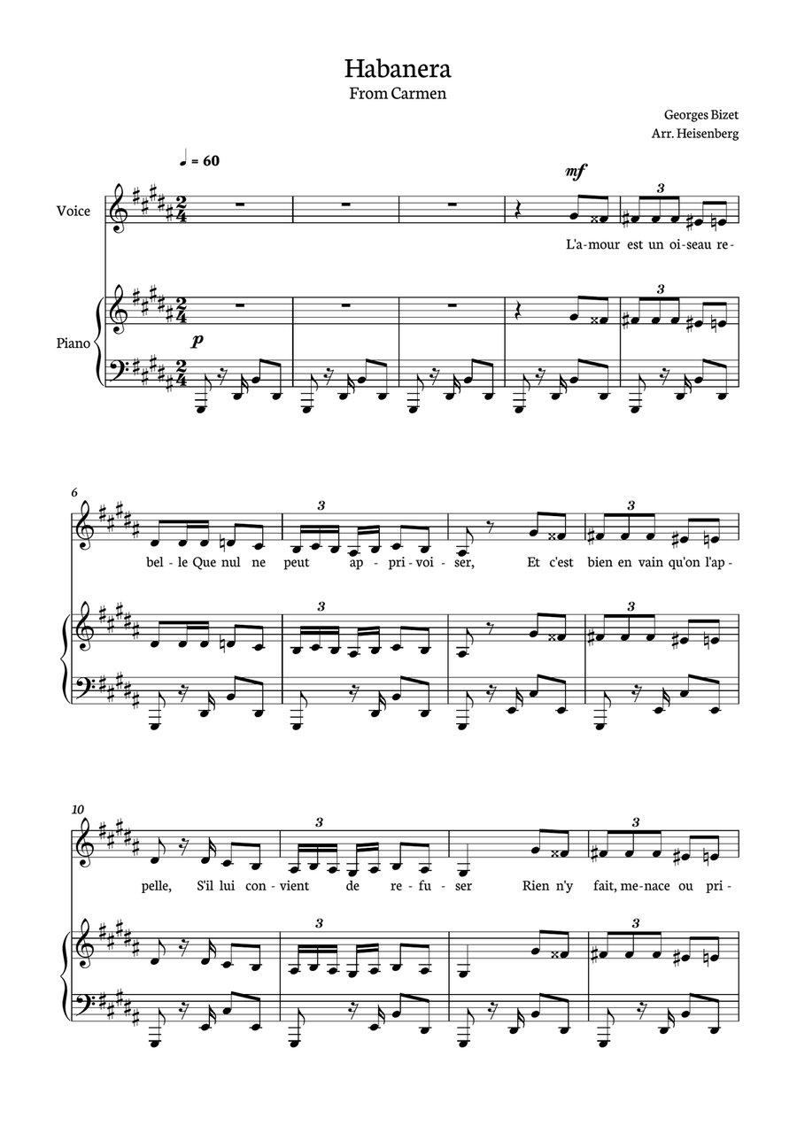 Habanera - Carmen for piano and voice in G# minor. Piano, Vocal scores gallery preview page 1