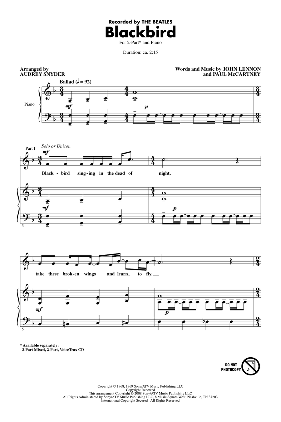 Blackbird (arr. Audrey Snyder) 2-Part scores gallery preview page 1