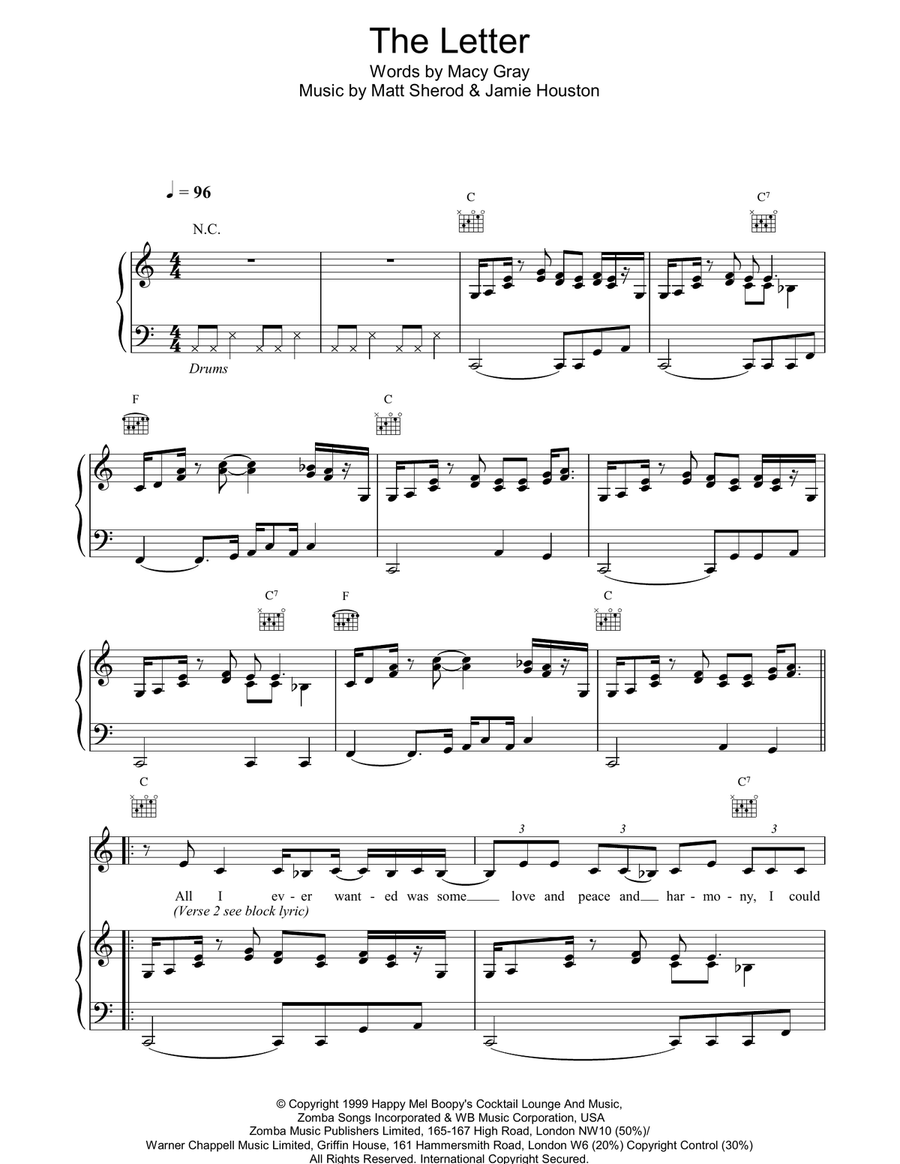 The Letter Piano, Vocal, Guitar scores gallery preview page 1