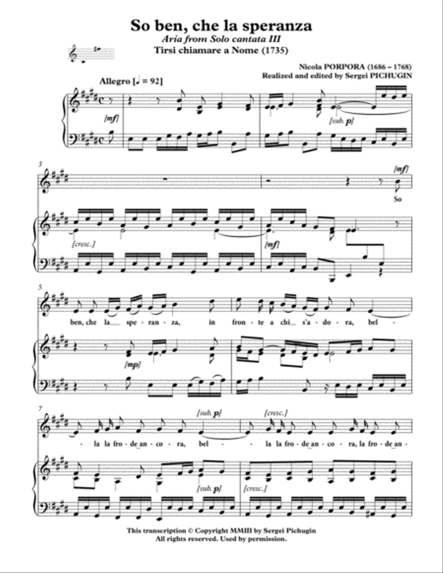 PORPORA Nicola: So ben, che la speranza, aria from the cantata, arranged for Voice and Piano (E majo