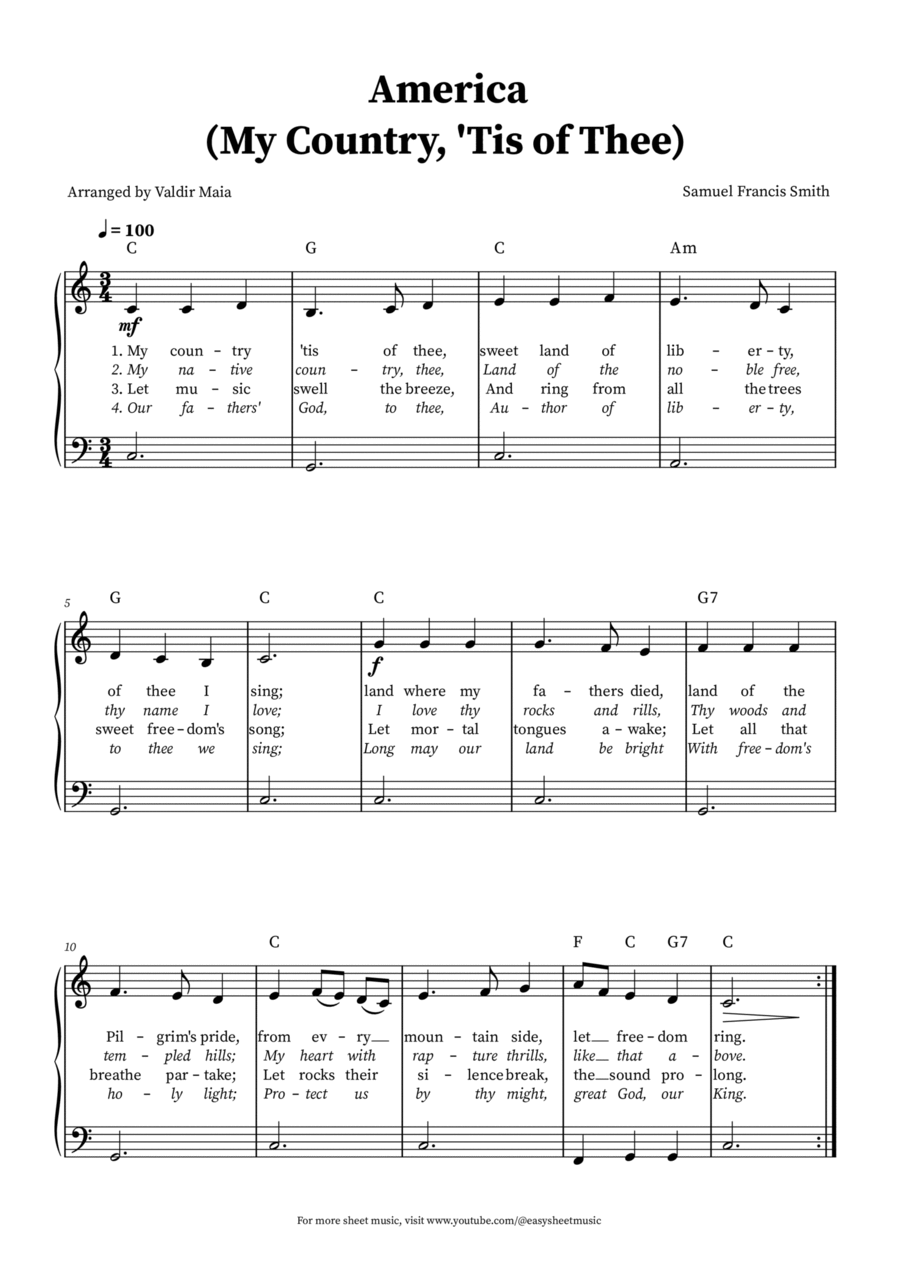 America (My Country, 'Tis of Thee) - Easy Beginner Piano (chords and lyrics) Piano, Vocal, Guitar scores gallery preview page 1