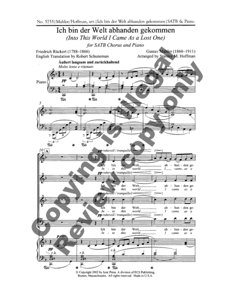 Ich bin der Welt abhanden gekommen: Into This World I Came As a Lost One (Piano/Choral Score) image number null