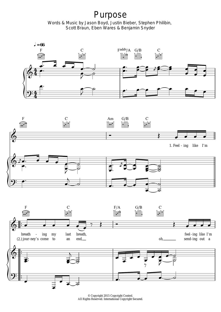 Purpose Piano, Vocal, Guitar scores gallery preview page 1