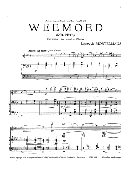 Weemoed (Regrets) for Violin and Piano