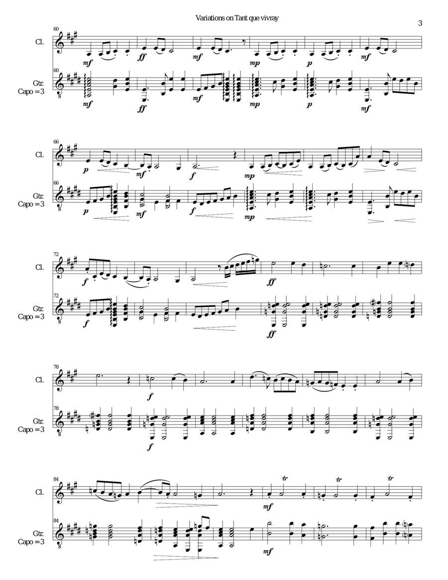 Variations on Tant que vivray for clarinet and guitar Clarinet scores gallery preview page 3