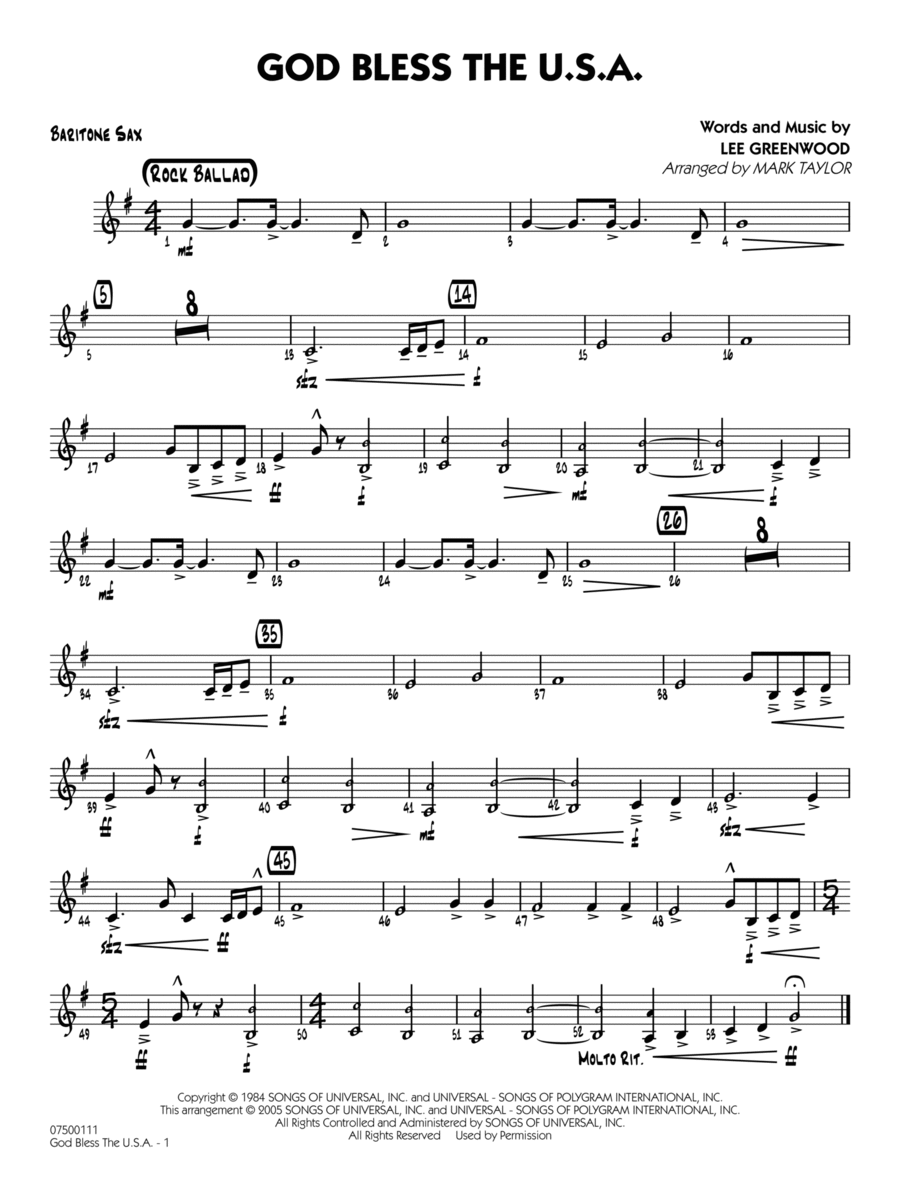 God Bless the U.S.A. (arr. Mark Taylor) - Baritone Sax Jazz Ensemble scores gallery preview page 1