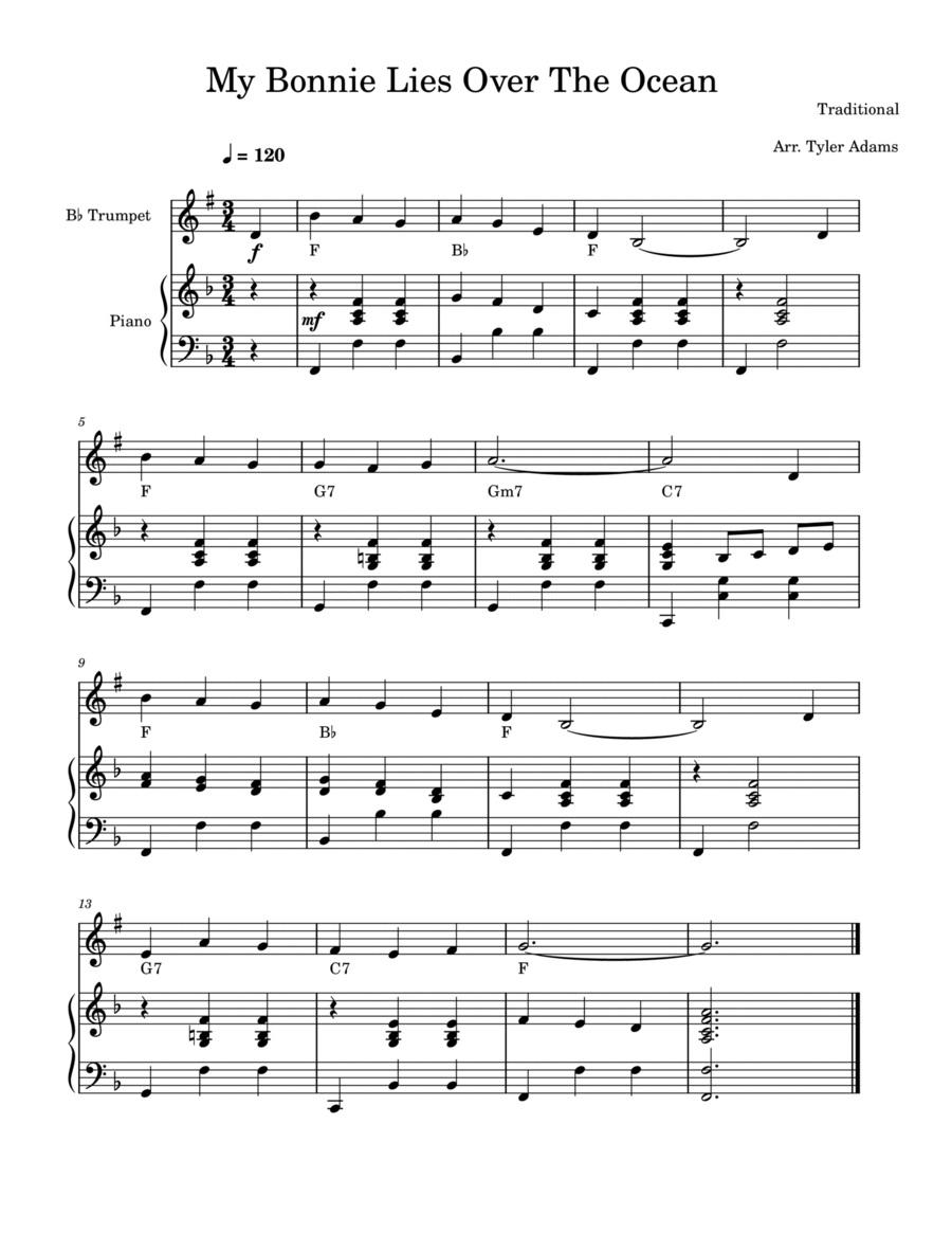 My Bonnie Lies Over The Ocean (Easy Trumpet) B-Flat Trumpet scores gallery preview page 1