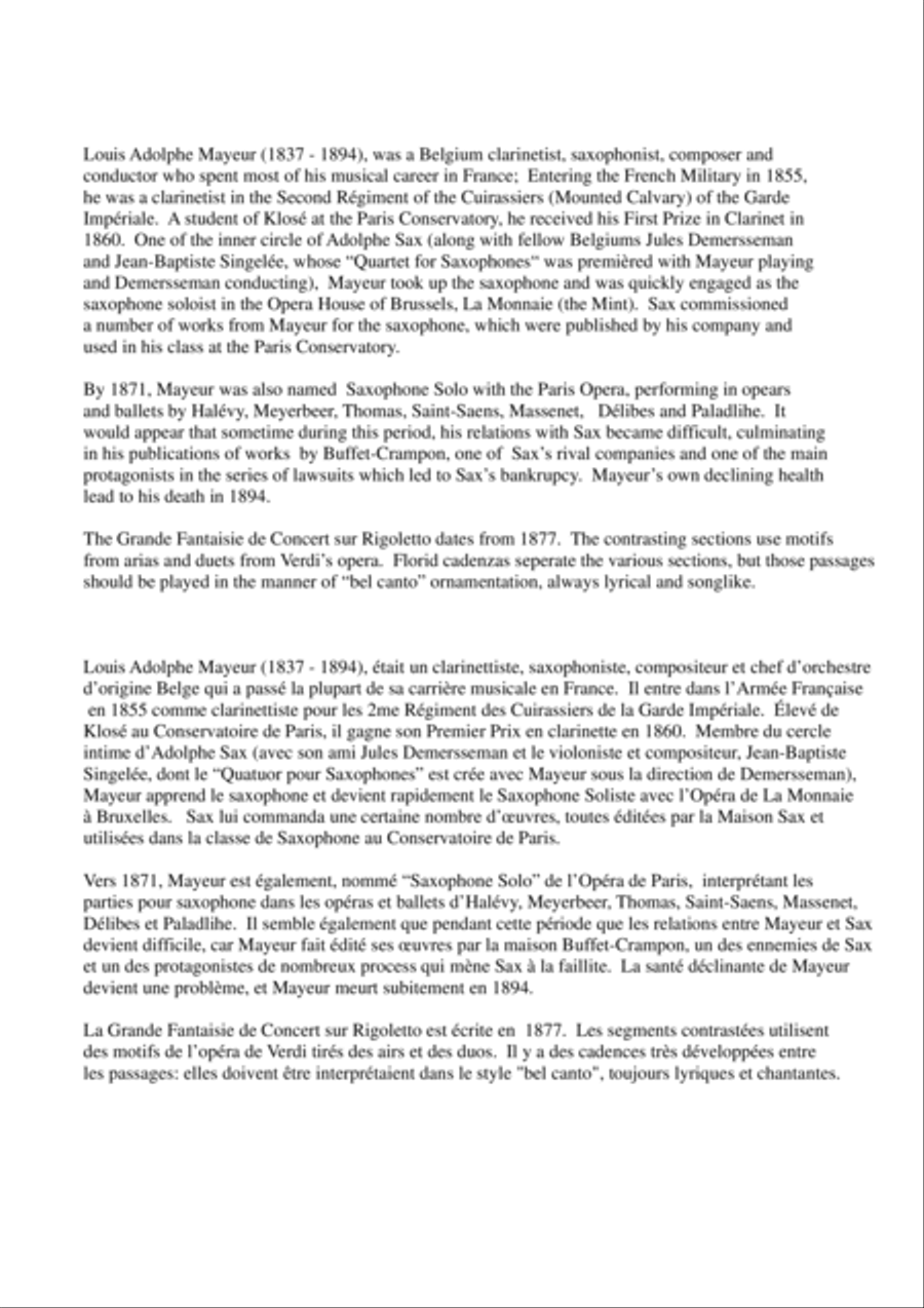 Louis Mayeur: Grande Fantaisie de Concert sur Rigoletto (de Verdi) for alto saxophone and orchestra
