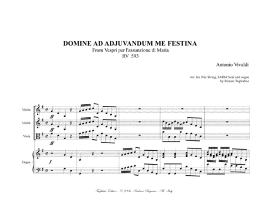 DOMINE AD ADJUVANDUM ME FESTINA - RV 593 - Arr. for Trio String, SATB Choir and Organ 4-Part scores gallery preview page 2