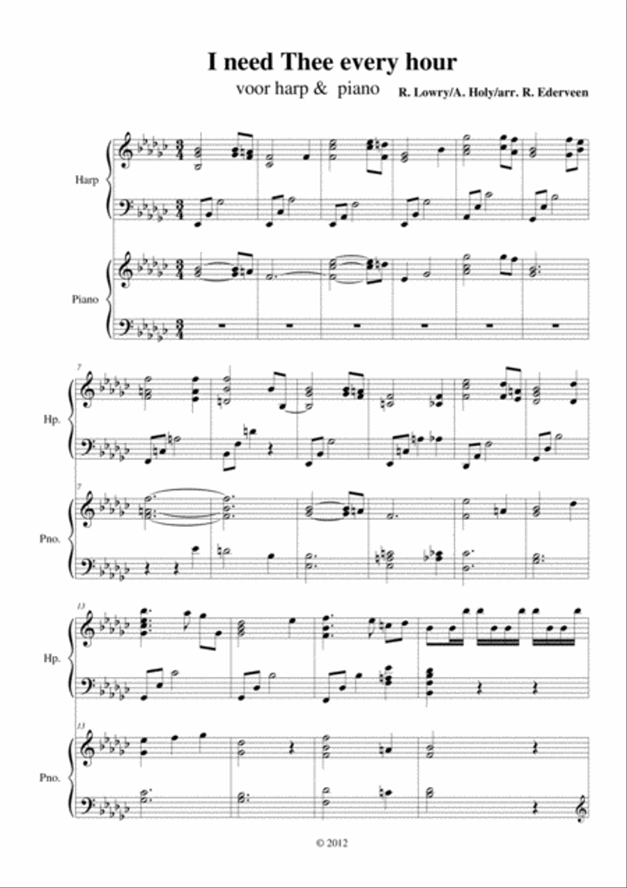 I need Thee every hour - pedal harp & piano duet Pedal Harp scores gallery preview page 1
