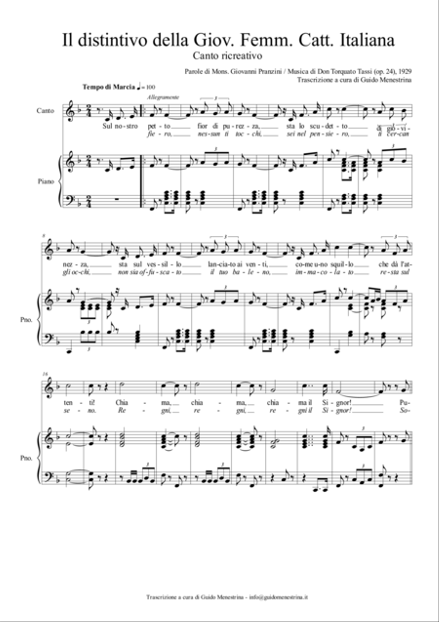 L'Inno del Distintivo della Gioventù Femminile Cattolica Italiana (1929) Voice scores gallery preview page 1