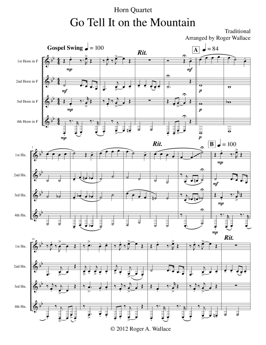 Go Tell It on the Mountain (Horn Quartet) Brass Quartet scores gallery preview page 1