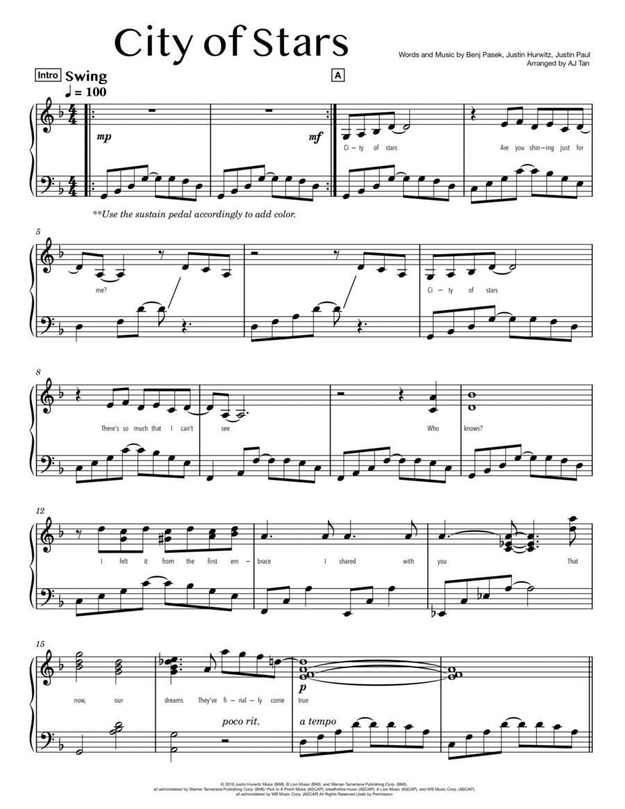 City Of Stars by Justin Hurwitz Piano Solo Digital Sheet Music