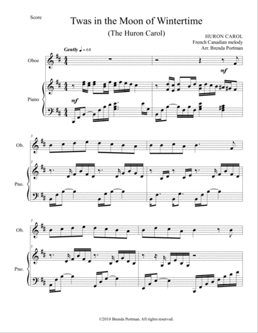 Twas in the Moon of Wintertime/The Huron Carol (oboe/piano), arr. Brenda Portman Piano scores gallery preview page 1