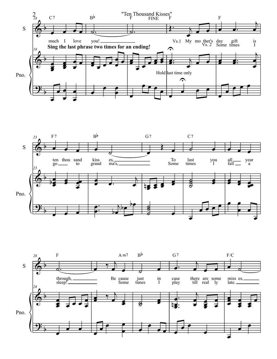 Ten Thousand Kisses (Mother's Day Song) Unison Choir scores gallery preview page 2