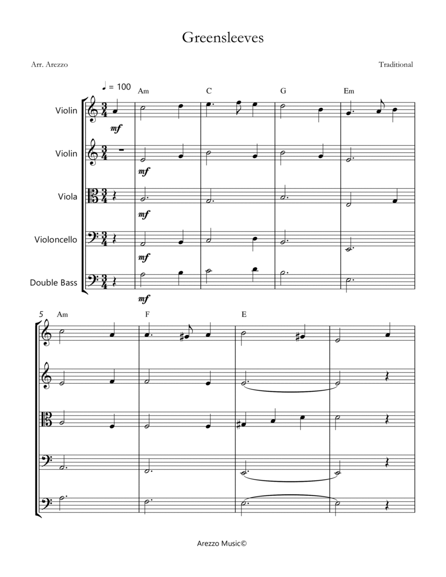 greensleeves for string quintet with chords sheet music image number null