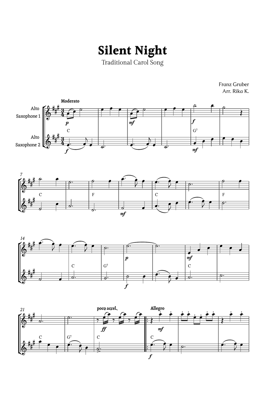 Silent Night for Alto Sax Duet Woodwind Duet scores gallery preview page 1