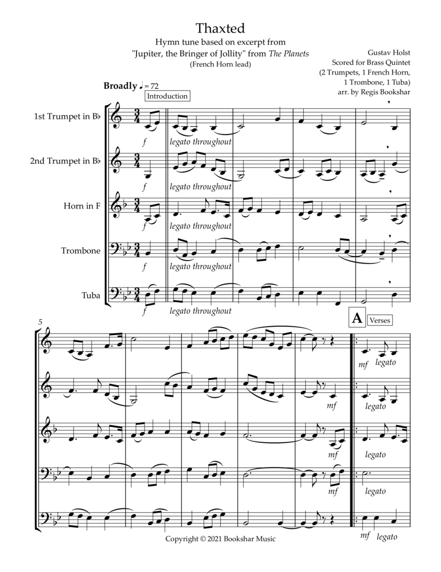 Thaxted (hymn tune based on excerpt from "Jupiter" from The Planets) (Bb) (Brass Quintet - 2 Trp, 1 image number null