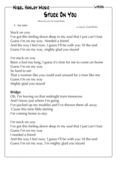 Lionel Richie - Stuck On You (Lyrics) 