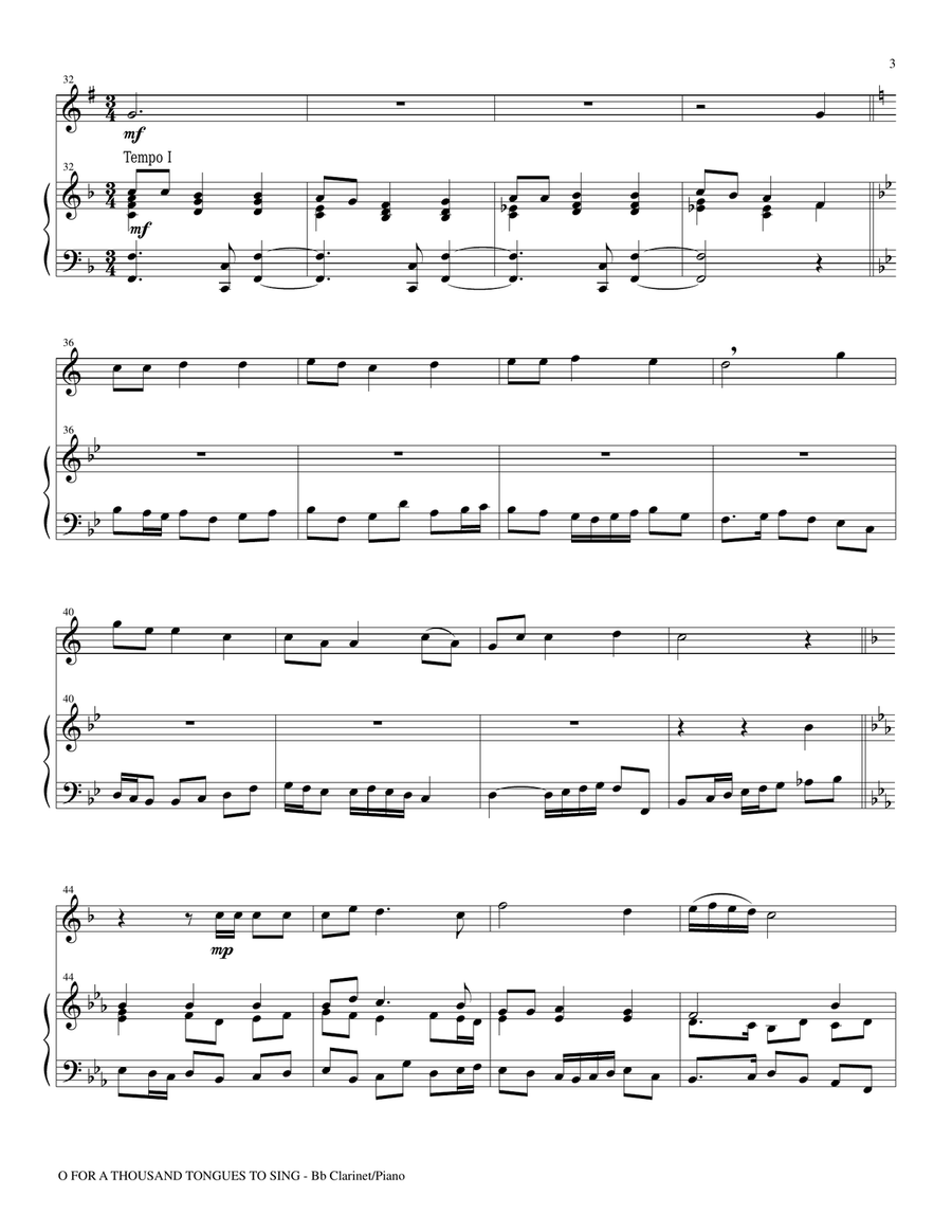 O FOR A THOUSAND TONGUES TO SING (Bb Clarinet Piano and Clar Part) B-Flat Clarinet scores gallery preview page 3
