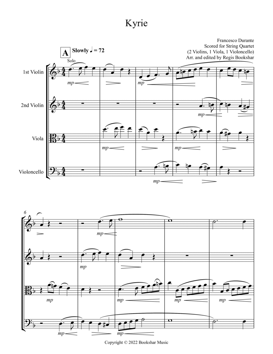 Kyrie (Durante) (String Quartet - 2 Violins, 1 Viola, 1 Cello) String Quartet scores gallery preview page 1