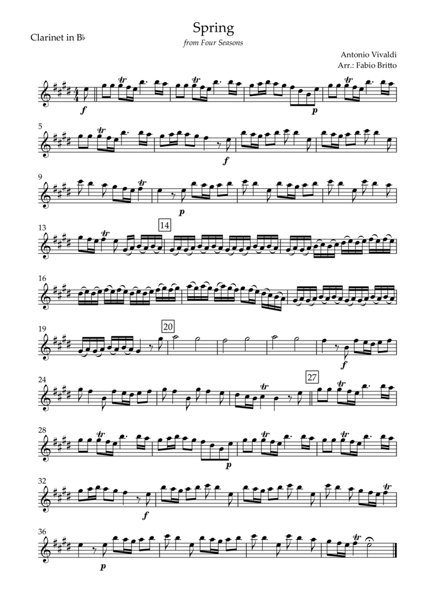 Spring (from Four Seasons of Antonio Vivaldi) for Clarinet in Bb Solo