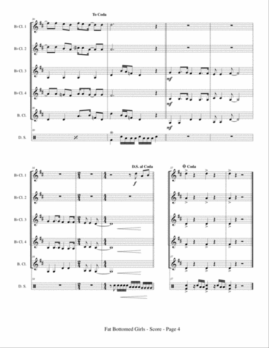 Fat Bottomed Girls Clarinet Quartet scores gallery preview page 6