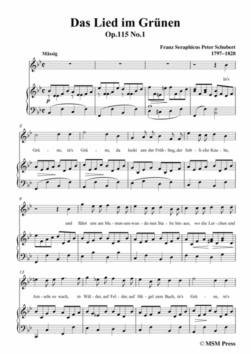 Schubert-Das Lied im Grünen,Op.115 No.1,in B flat Major,for Voice&Piano image number null