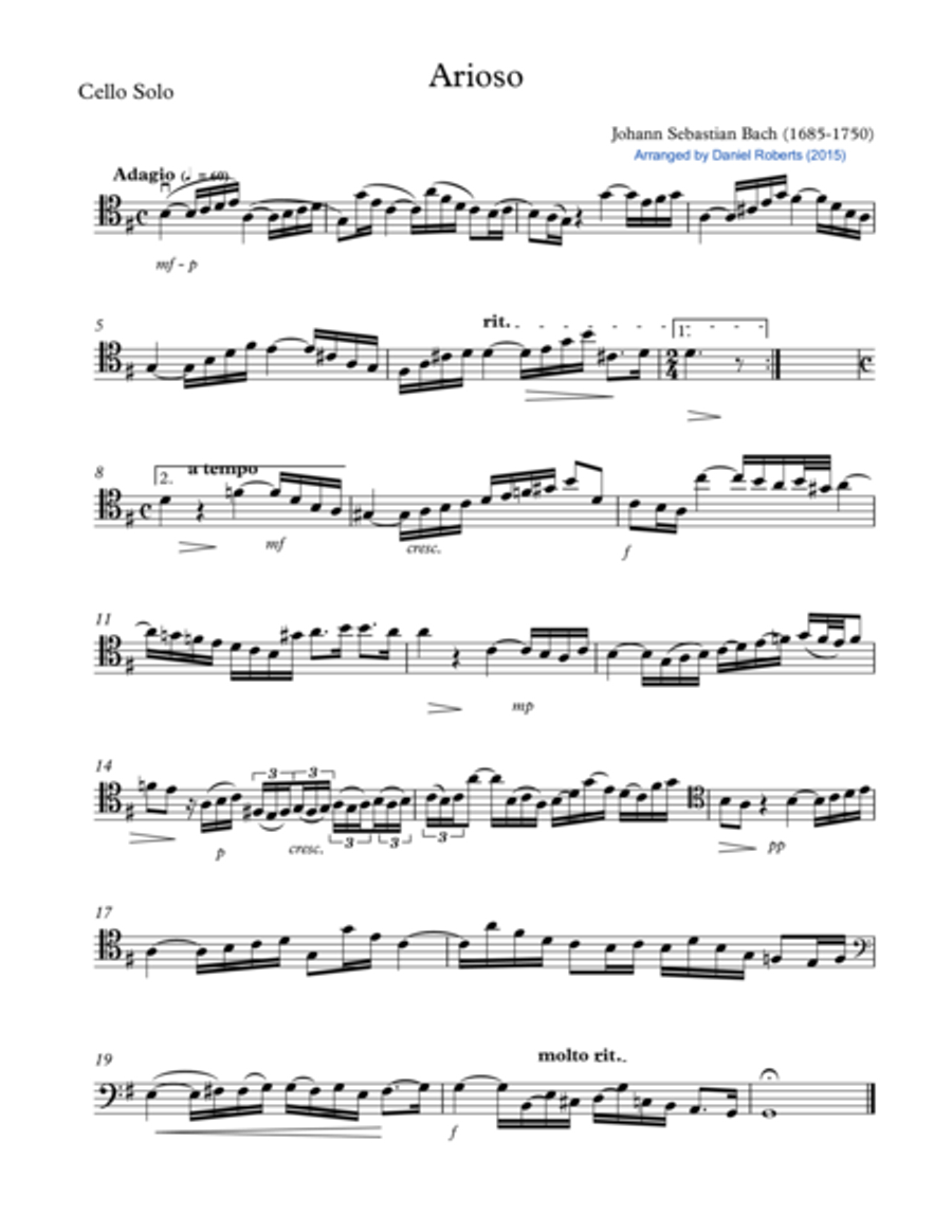 Bach Arioso (BWV 156) for Cello and Chamber Orchestra - PARTS Woodwind Quintet scores gallery preview page 1