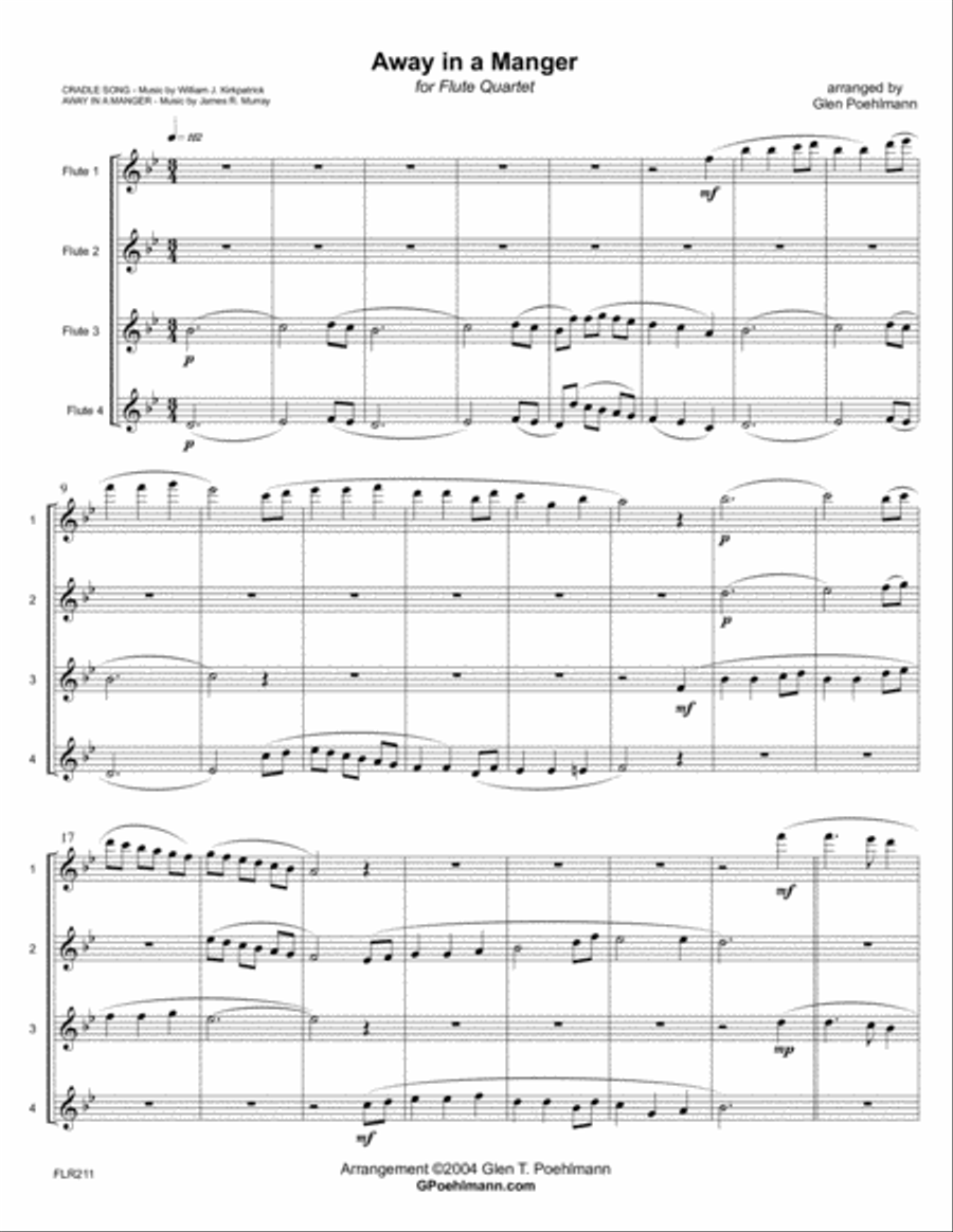 AWAY IN A MANGER for unaccompanied FLUTE QUARTET Flute Quartet scores gallery preview page 1