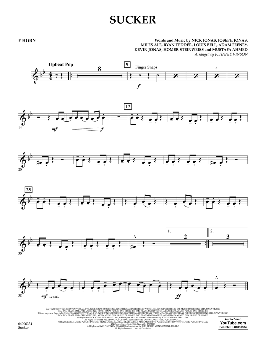 Sucker (arr. Johnnie Vinson) - F Horn Concert Band scores gallery preview page 1