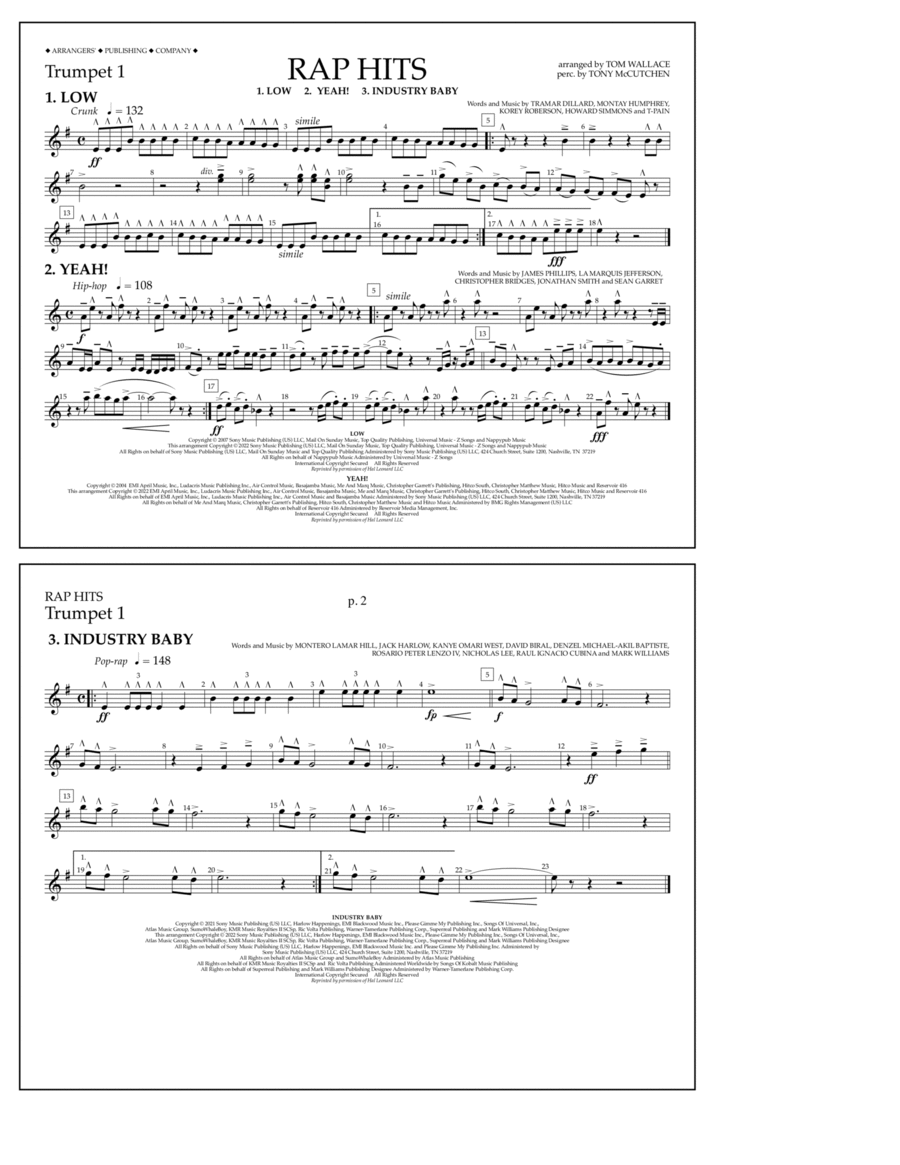 Rap Hits (Low, Yeah!, Industry Baby) - Trumpet 1 Marching Band scores gallery preview page 1