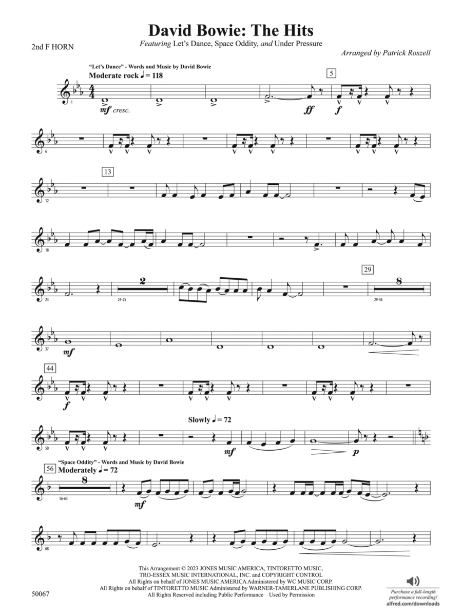 David Bowie: The Hits: 2nd F Horn Concert Band scores gallery preview page 1