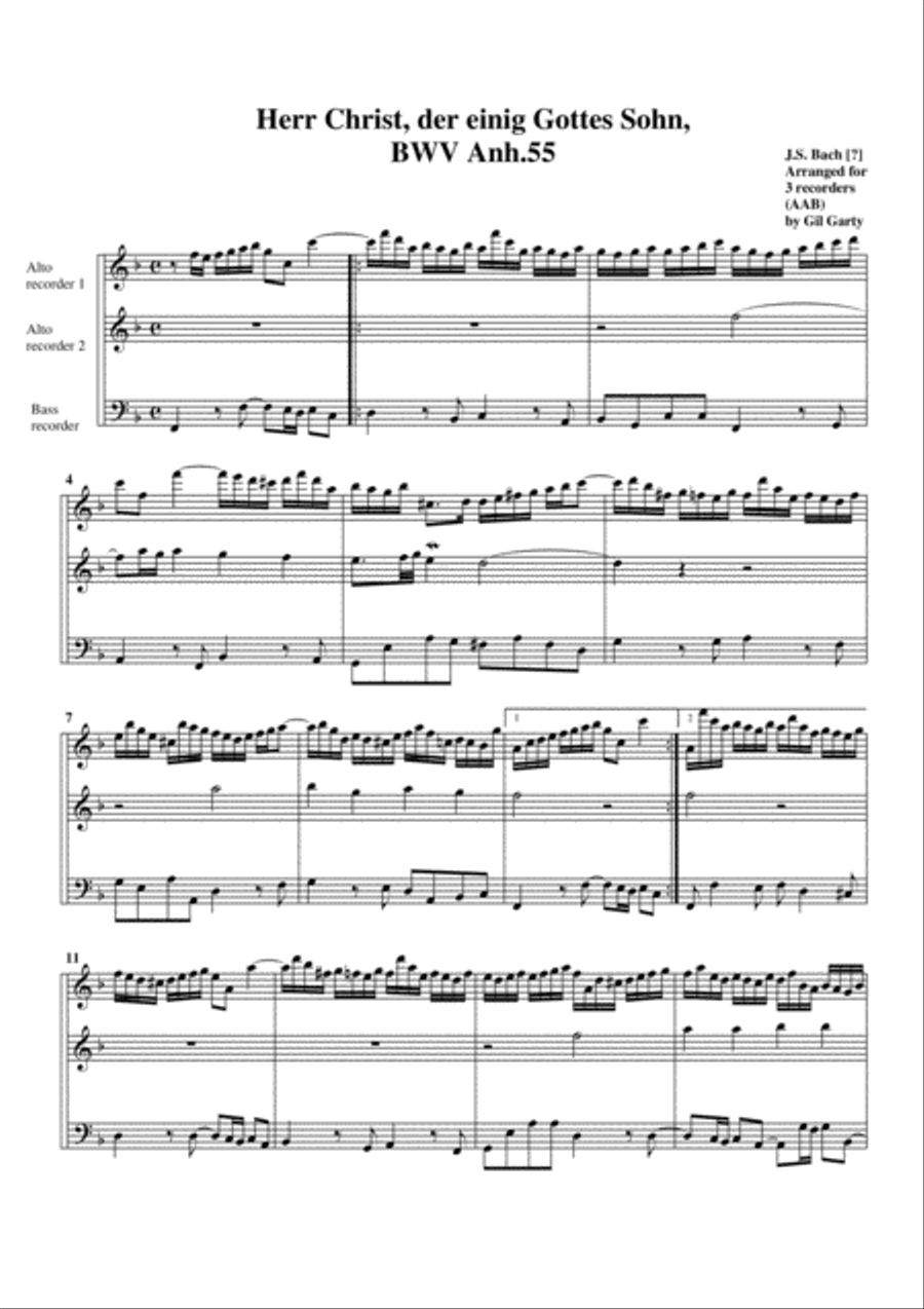 Herr Christ, der einig Gottes Sohn, BWV Anh.55 (arrangement for 3 recorders) Recorder scores gallery preview page 1