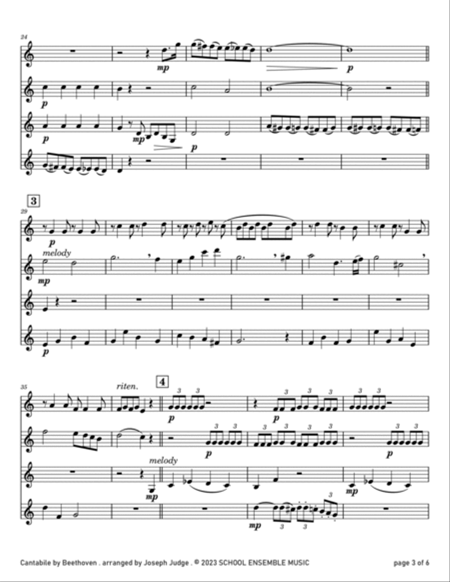 Cantabile by Beethoven for Clarinet Quartet in Schools Clarinet Quartet scores gallery preview page 3